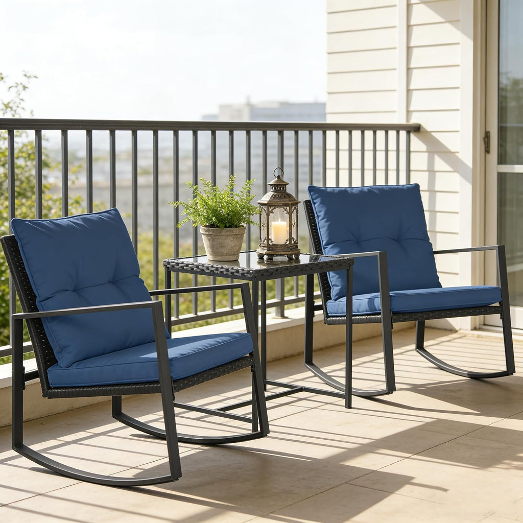 SUNCROWN 3 Piece Outdoor Rocking Bistro Set Black Wicker Furniture Porch Chairs Conversation Sets with Glass Coffee Table, Dark Blue