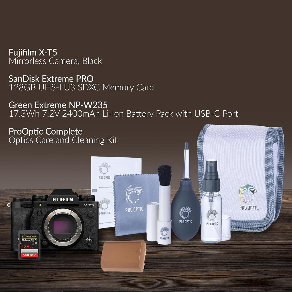 X-T5 Mirrorless Camera, Silver Bundle with 128GB SD Card, Extra Battery, Complete Cleaning Kit, Fujifilm 1-Year Limited Warranty, Black