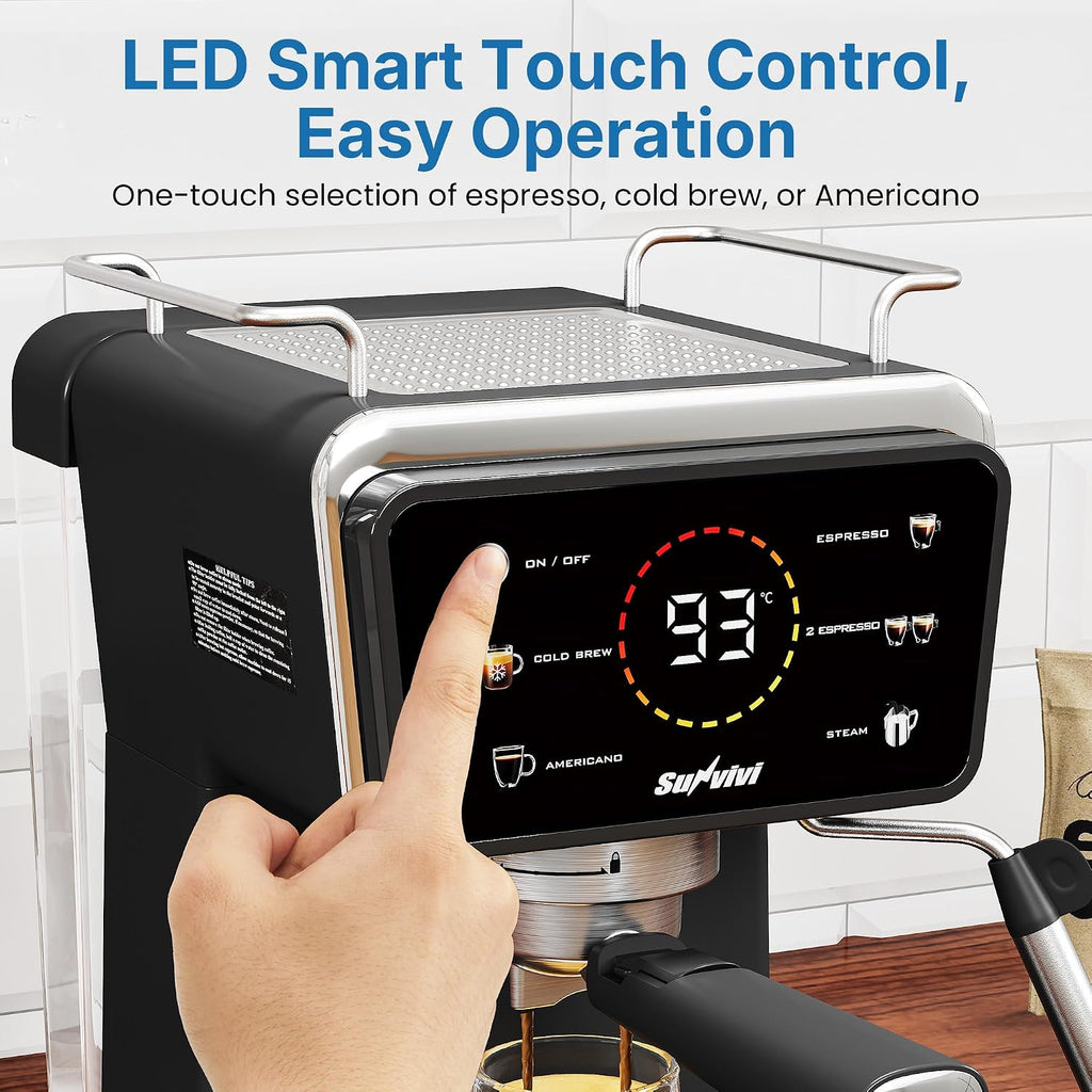 20 Bar Espresso and Americano Machine for Home and Office, Iced Coffee Maker with Touchscreen, Milk Frother, Single/Double Shot & Cold Brew, 52OZ Removable Water Tank, Quick Heating System
