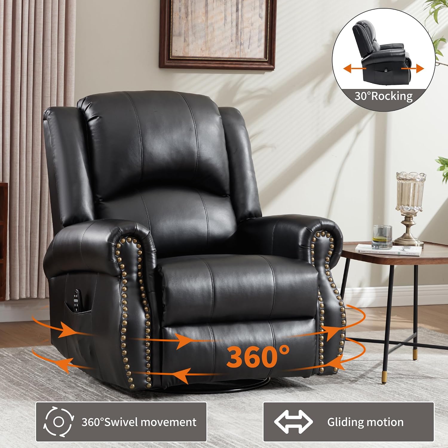 PELUMY Breathable Leather Swivel Rocking Recliner Chair for Adults, 360° Swivel Glider Rocker with Heat & Vibrating Massage, Lounge Chair for Living Room, Bedroom, Nursery (Black)