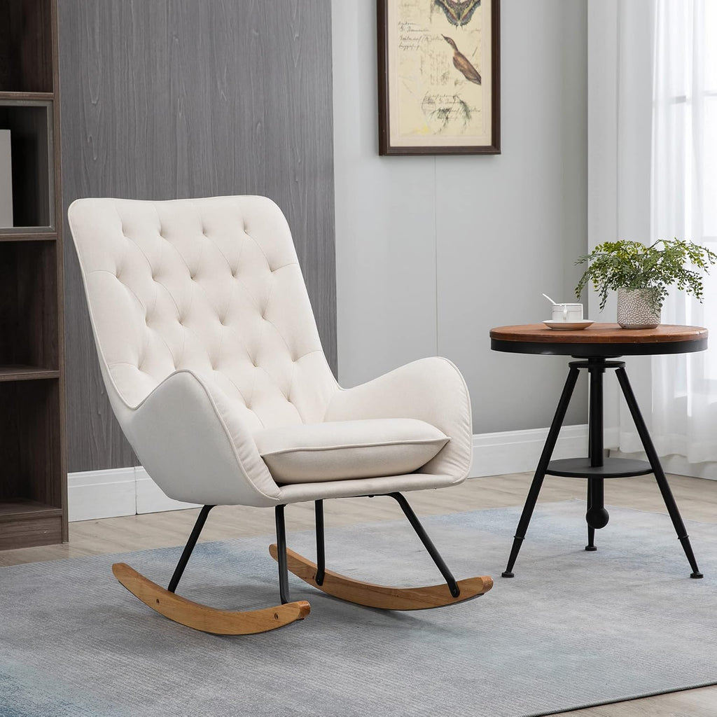HOMCOM Mid-Century Fabric Rocking Chair Sofa Armchair Tufted Rocker Wingback Accent Chair with Padded Seat, Rubber Wood Base for Home Studio, Bedroom, Living Room, Cream White