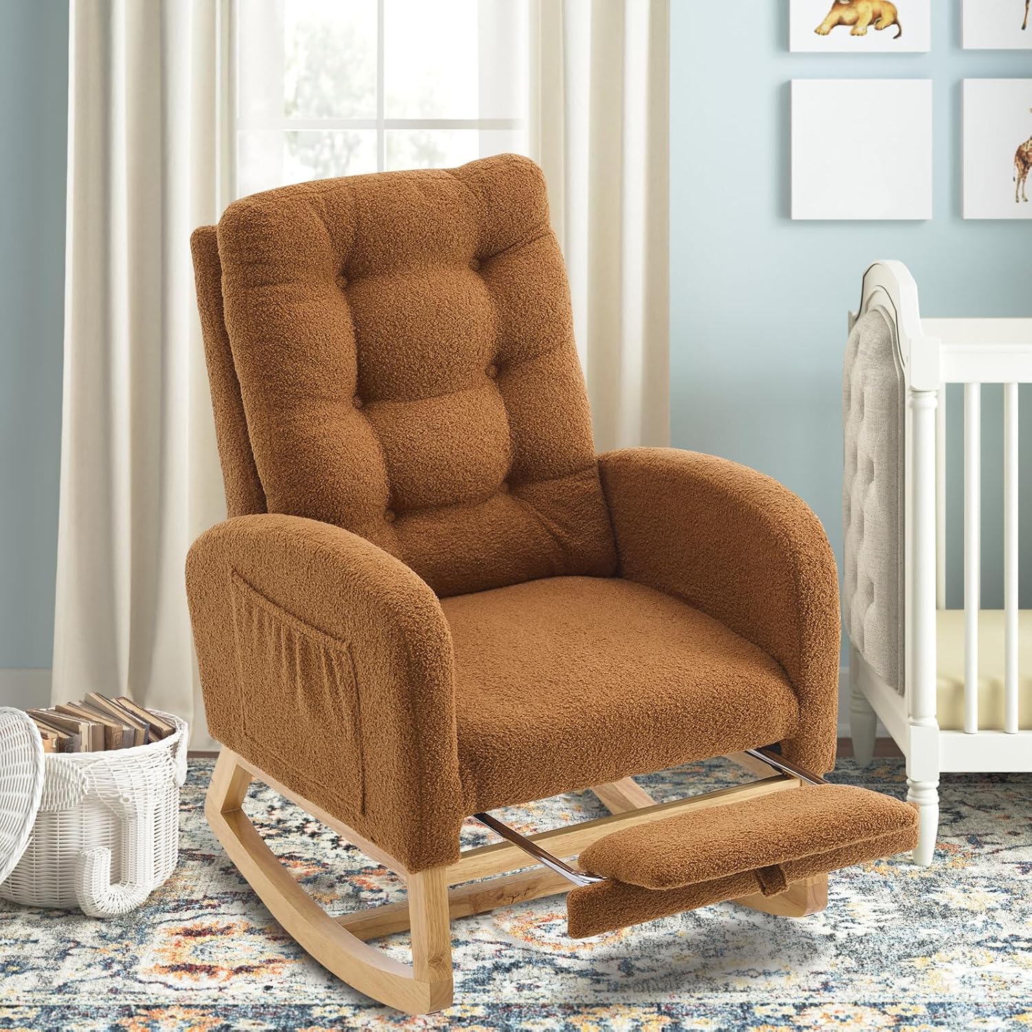 cinkehome Nursery Rocking Chair with Retractable Foot Rest, Teddy Glider Rocking Chair, Mid Century Rocker Chair, High Back, Solid Wood Legs