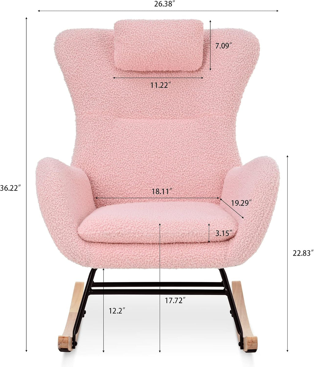 GDFStudio Aurla Rocking Chair, Teddy Upholstered Rocker Glider Chair with High Backrest, Adjustable Headrest & Pocket, Comfy Glider Rocker for Bedroom, Living Room, Offices, Rubber Wood, Pink