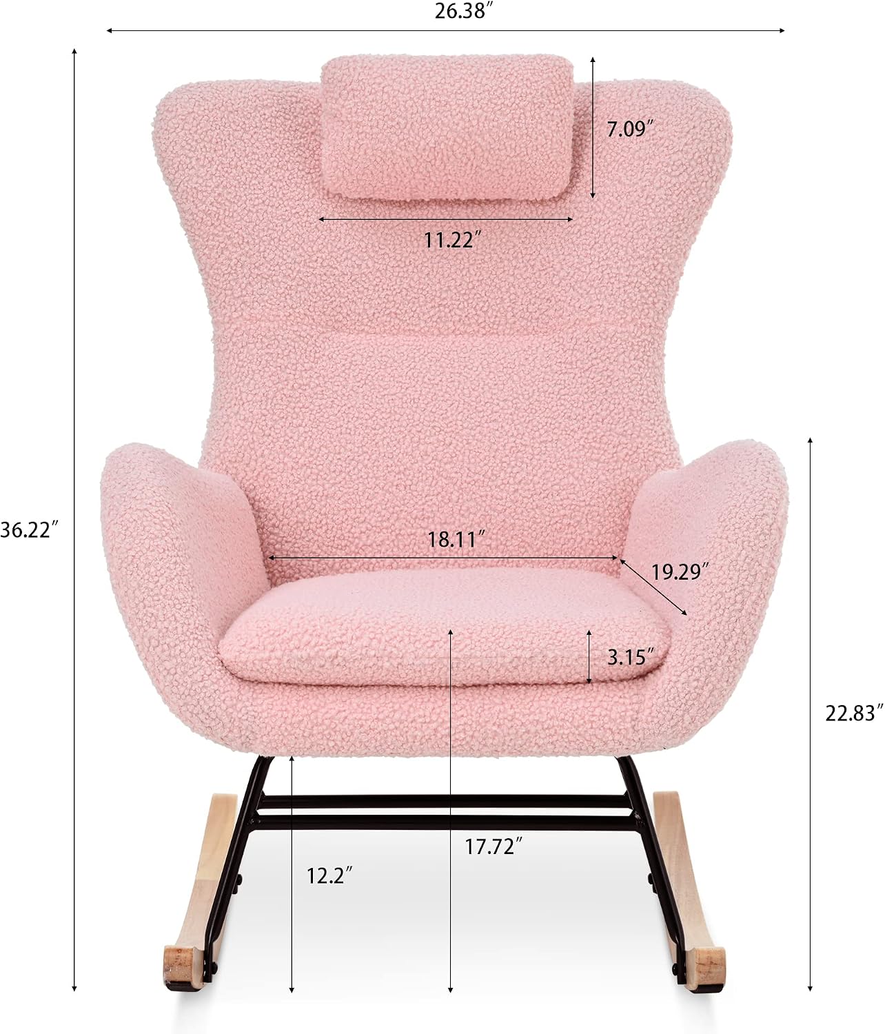 GDFStudio Aurla Rocking Chair, Teddy Upholstered Rocker Glider Chair with High Backrest, Adjustable Headrest & Pocket, Comfy Glider Rocker for Bedroom, Living Room, Offices, Rubber Wood, Pink