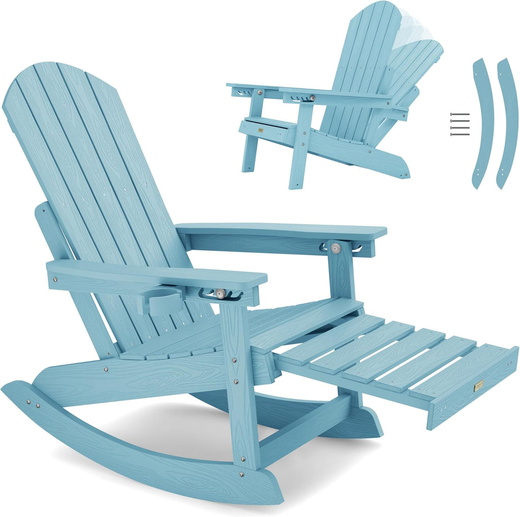 YEFU Adirondack Chairs with Retractable Ottoman: Oversize Adirondack Rocking Chairs - 5-Level Adjustable High Back - Outdoor Rocker with Cup Holder for Porch/Gardens/Lawn/Patio/Backyard/Blue