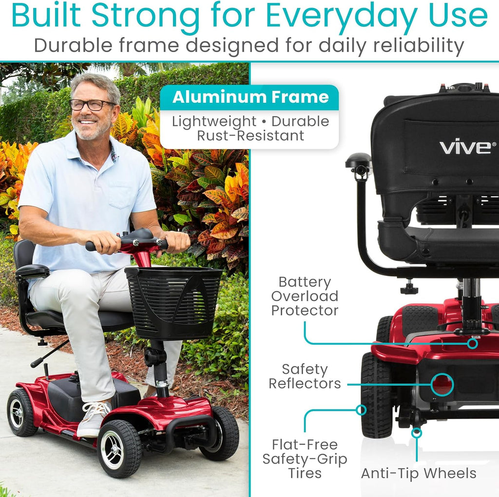 Vive 4 Wheel Mobility Scooter - Electric Powered Wheelchair Device - Compact Heavy Duty Mobile for Travel, Adults, Elderly - Long Range Power Extended Battery with Charger & Basket