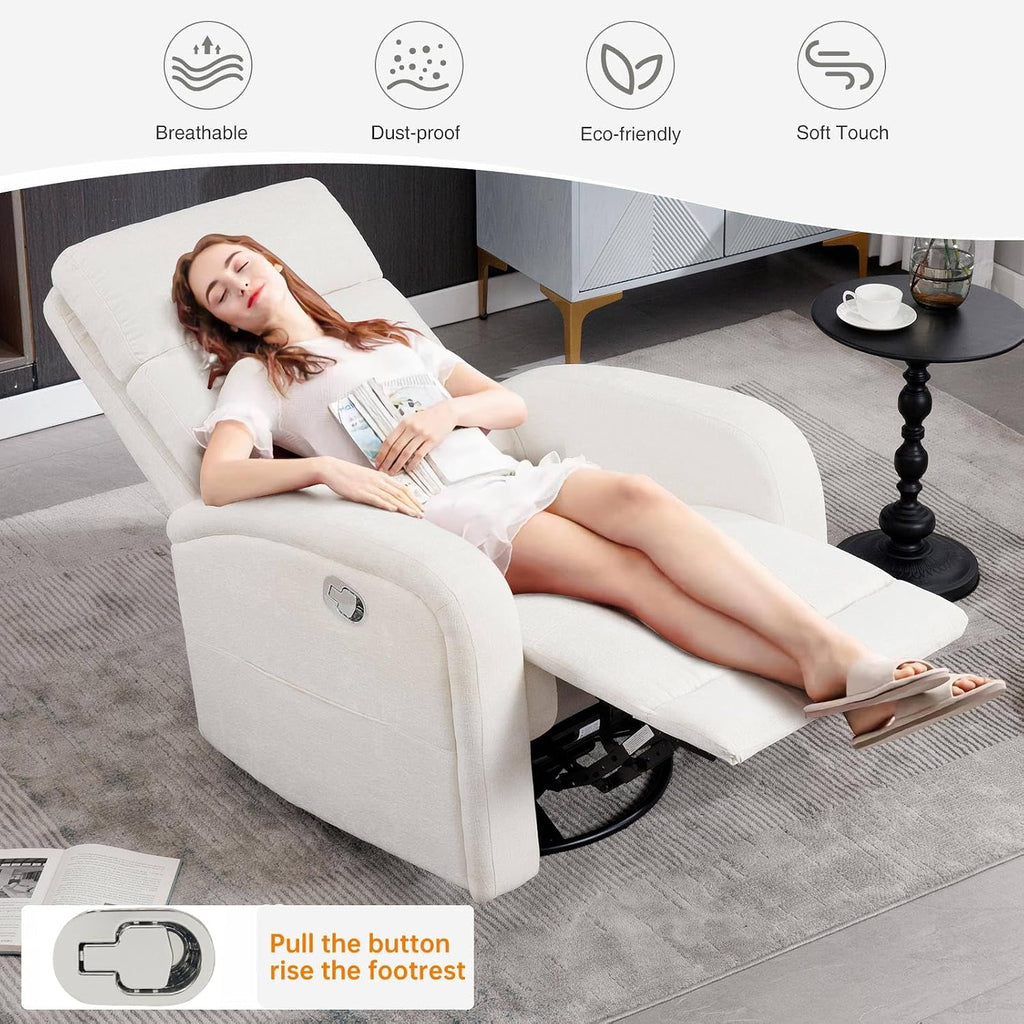 Swivel Rocker Recliner for Nursery, Upholstered Swivel Recliner Chairs, Glider Rocking Chairs Nursery Recliner, White Reclining Rocking Chairs for Living Room, Bedroom, Chenille Fabric