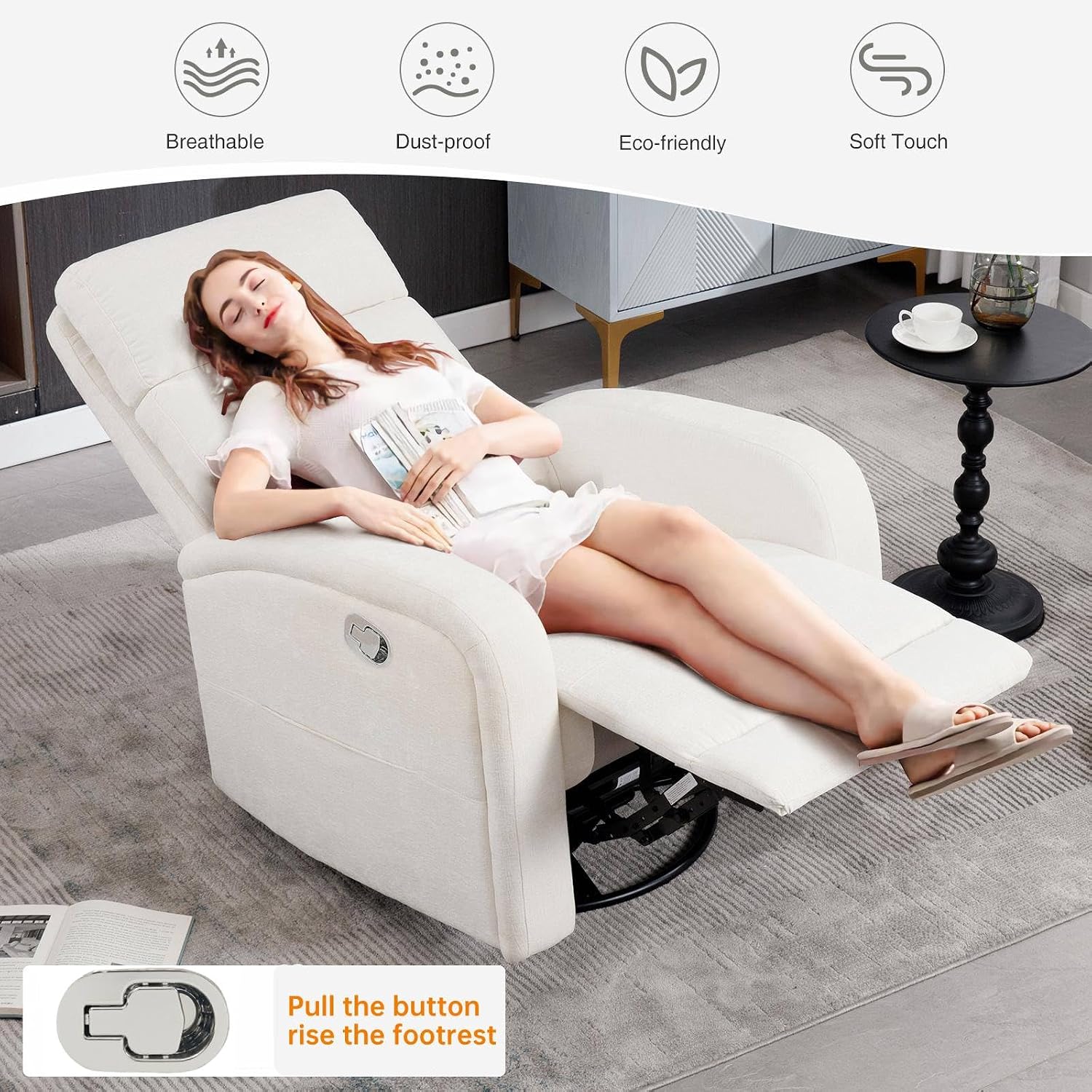 Swivel Rocker Recliner for Nursery, Upholstered Swivel Recliner Chairs, Glider Rocking Chairs Nursery Recliner, White Reclining Rocking Chairs for Living Room, Bedroom, Chenille Fabric