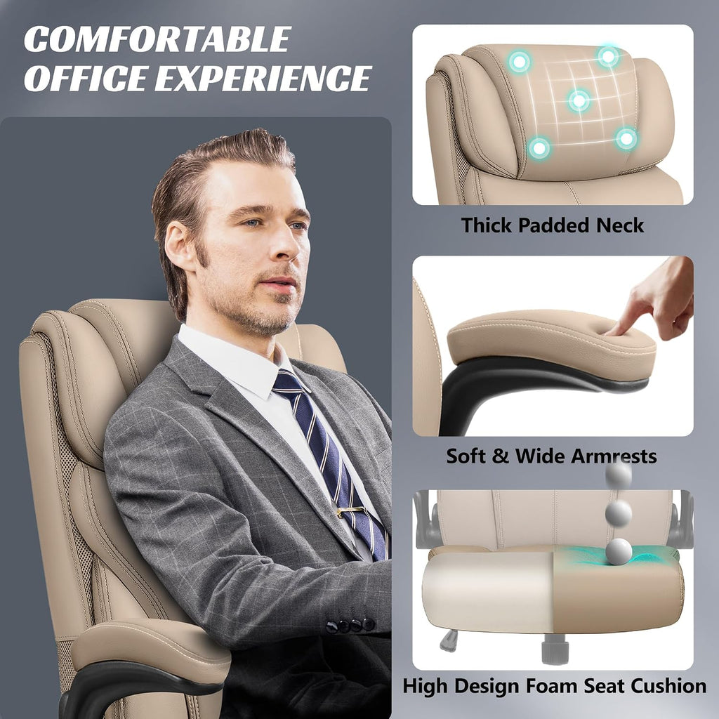 HeroSet Office Chair, Ergonomic Big and Tall Computer Desk Chairs, Executive Breathable Leather Chair with Adjustable High Back Flip-up Armrests, Lumbar Support Swivel PC Chairs with Rocking Function
