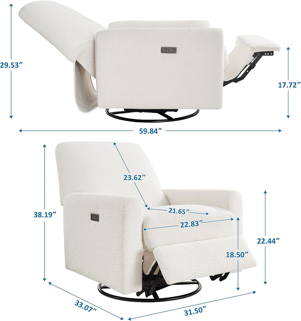 VANOMi Power Recliner Chair, 270° Swivel Nursery Chair with USB Charging Port Comfy Boucle Glider Rocking Chairs for Living Room, Nursery, Bedroom, White