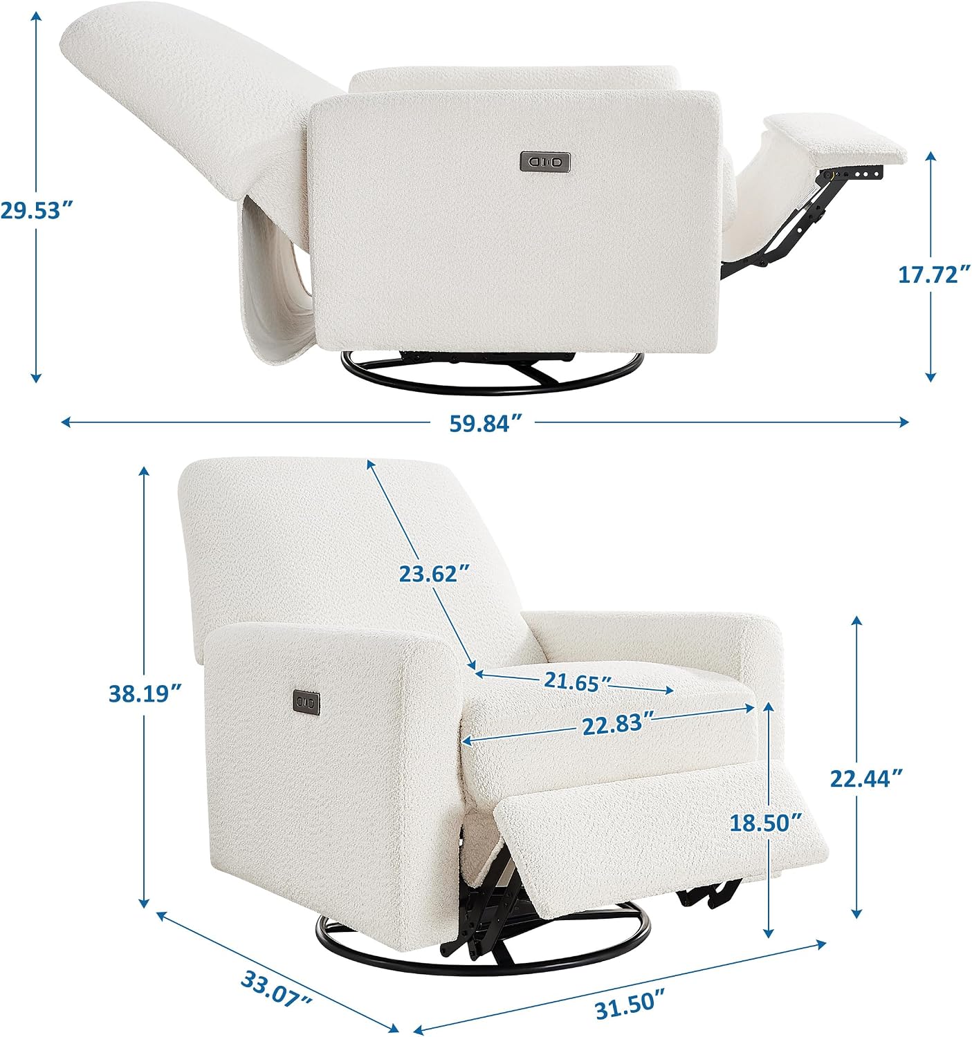 VANOMi Power Recliner Chair, 270° Swivel Nursery Chair with USB Charging Port Comfy Boucle Glider Rocking Chairs for Living Room, Nursery, Bedroom, White