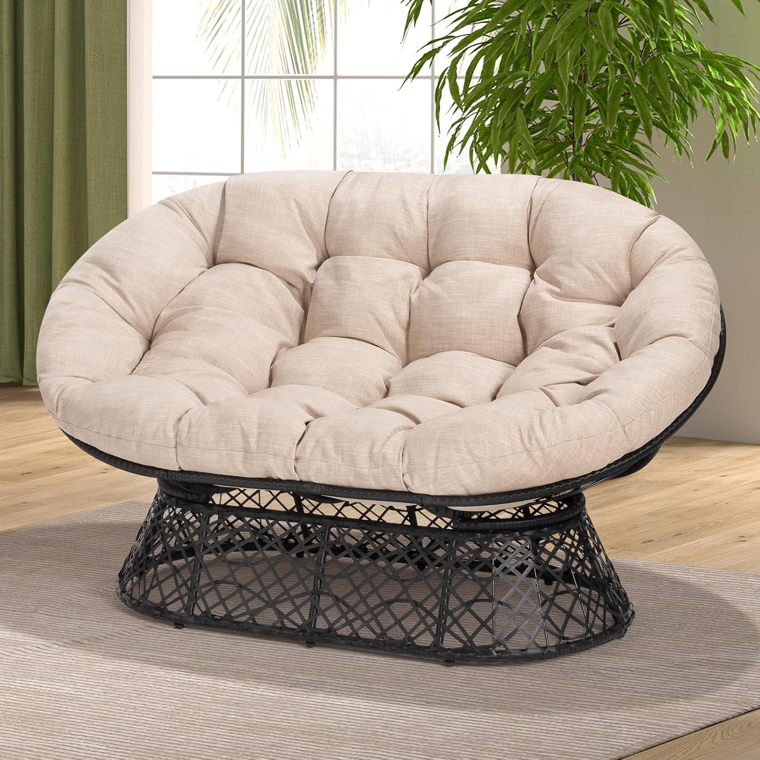 Bme Double Papasan Chair, 600lbs Capacity, Ergonomic Design, Soft Thick Cushion, Bee-Designed Frame, Durable Steel, 61', Beige - Black Base
