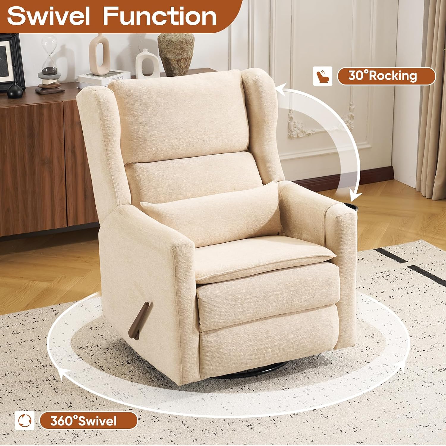 Rocking Chair Nursery with Adjustable Headrest,Comfy Swivel Rocker Recliner with Lumbar Support, Manual Nursery Chair Rocker Recliner with Cup Holder and Side Pockets, Beige