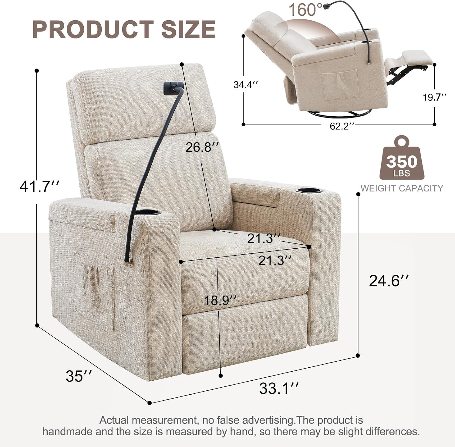 ABCASA Power Recliner Chair Swivel Glider Set of 2, Nursery Glider Recliner, Chenille Rocking Recliner Chair with Adjustable Phone Holder, Hidden Arm Storage, USB & Type-C for Living Room, Light Brown