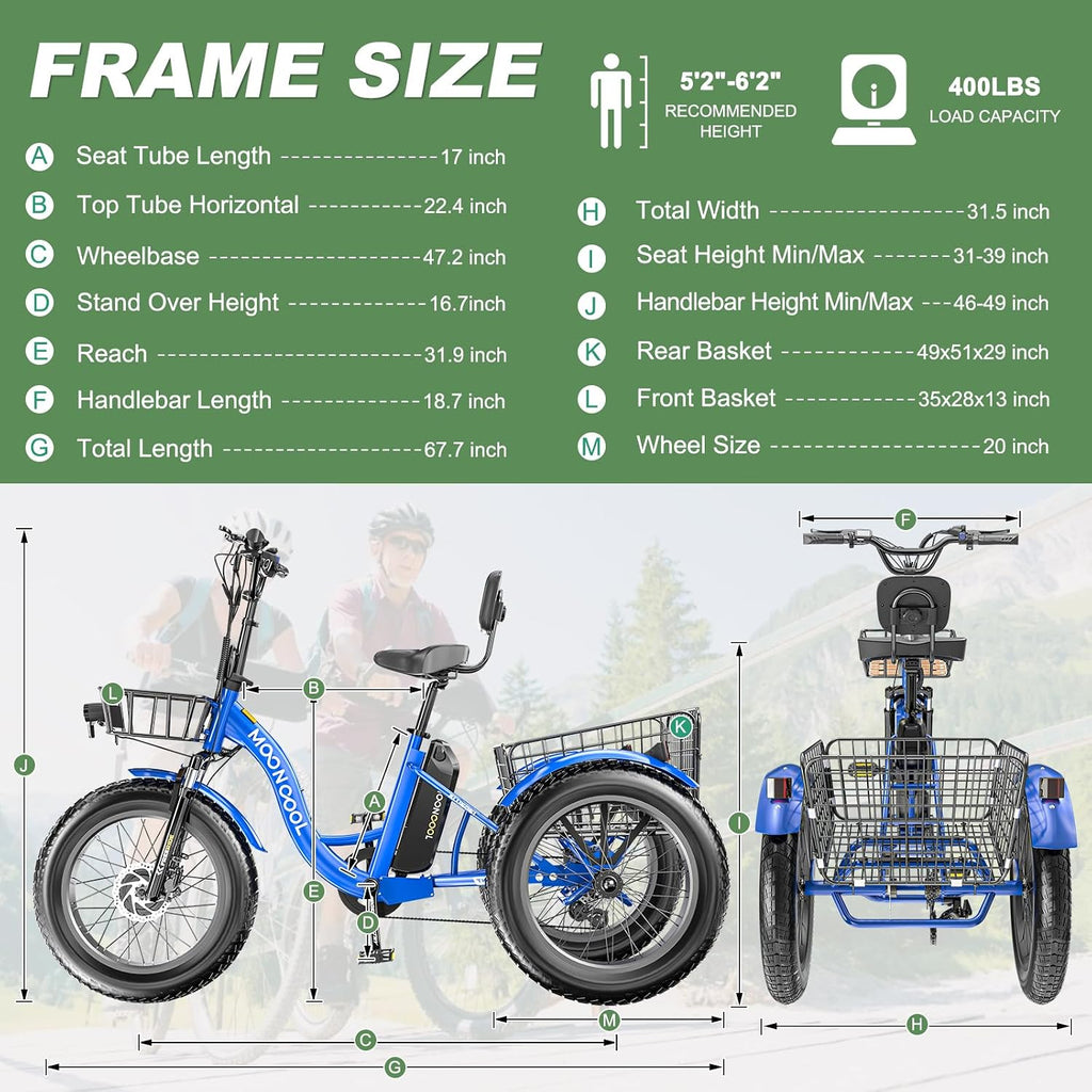 Electric Tricycle Electric Bicycle Electric Trike, 20'' 24'' 26'' 3 Wheel Electric Bike for Adults with 350W Motor, Removable Battery, Adjustable Seat and Bike Basket, Blue, ZT-E20-SL