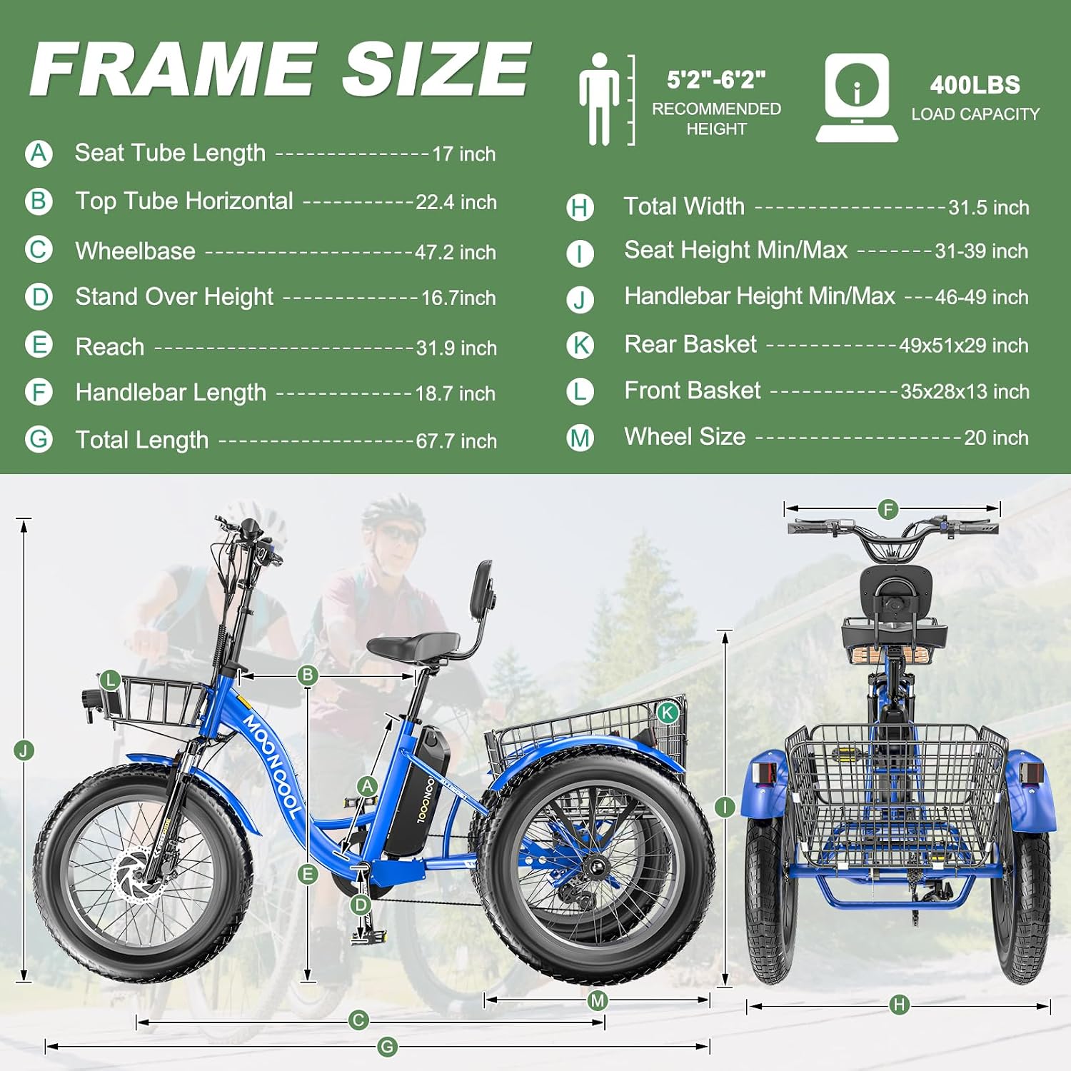 Electric Tricycle Electric Bicycle Electric Trike, 20'' 24'' 26'' 3 Wheel Electric Bike for Adults with 350W Motor, Removable Battery, Adjustable Seat and Bike Basket, Blue, ZT-E20-SL