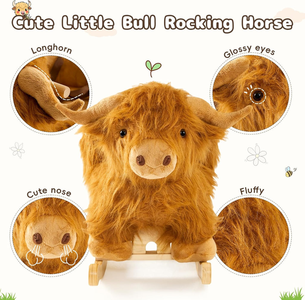 Baby Rocking Horse,Highlander Cattle Wooden Rocking Horse for Toddlers 1 Year Old Cute Cow Stuffed Plush Ride-on Toy Rocking Animal for Baby Boys and Girls Nursery/Child Christmas or Birthday Gift