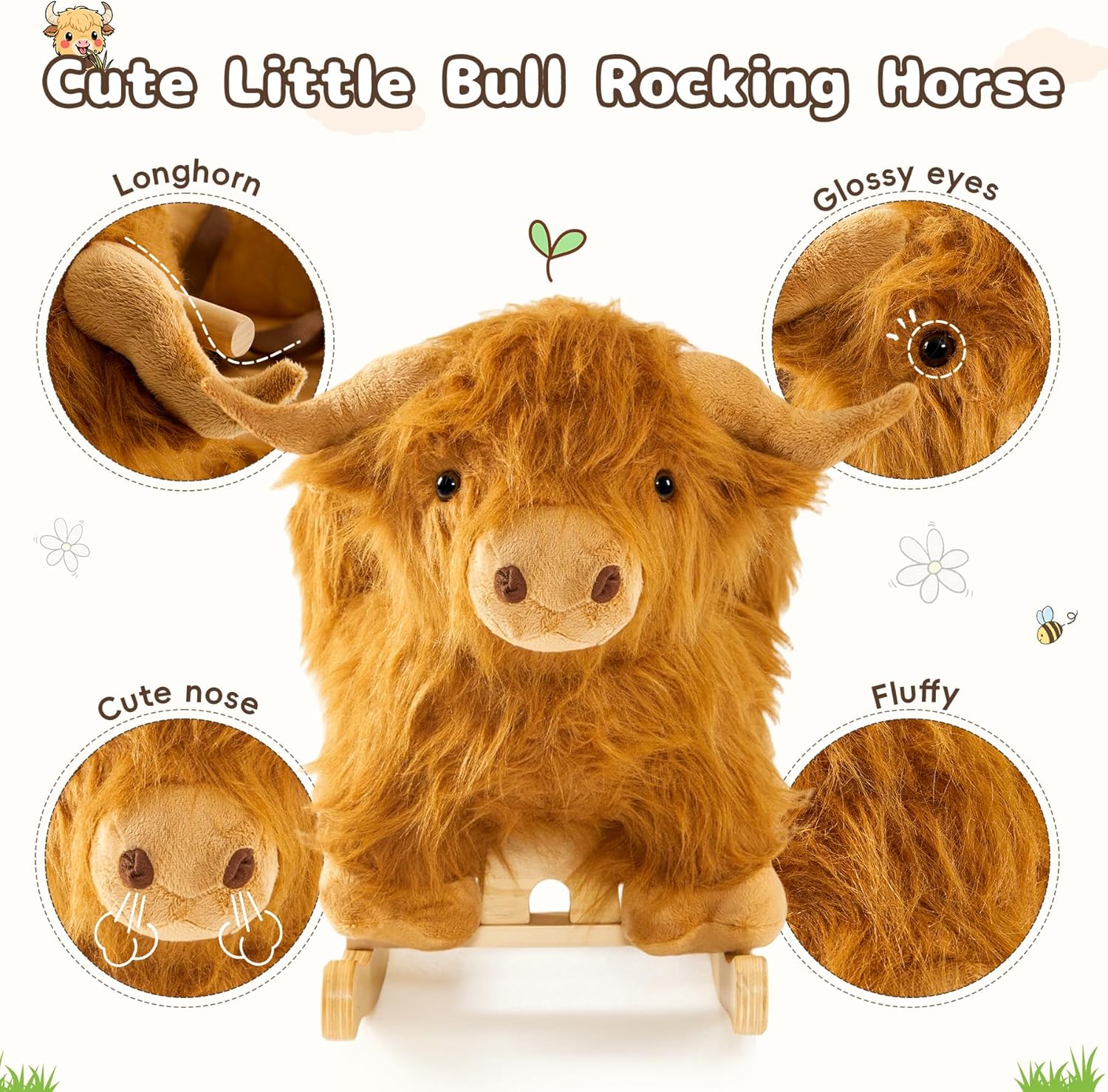Baby Rocking Horse,Highlander Cattle Wooden Rocking Horse for Toddlers 1 Year Old Cute Cow Stuffed Plush Ride-on Toy Rocking Animal for Baby Boys and Girls Nursery/Child Christmas or Birthday Gift