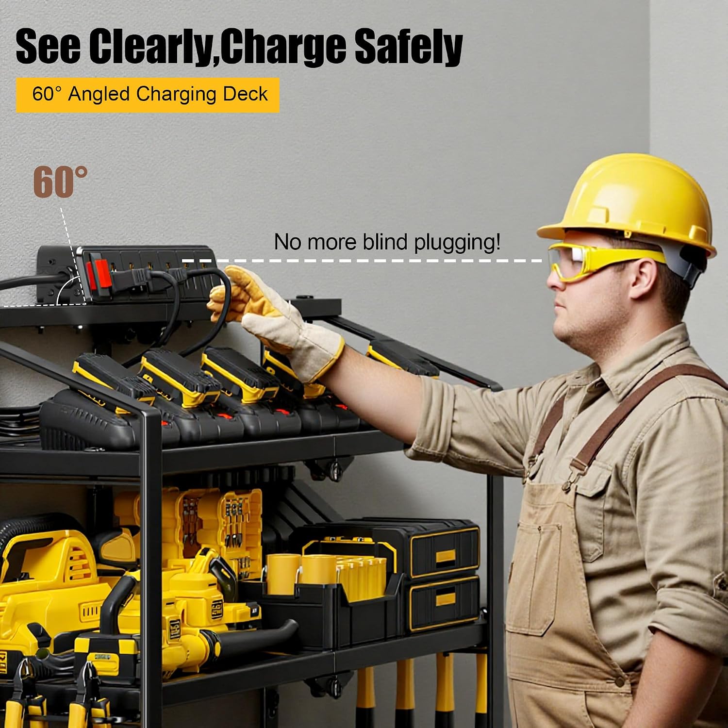 Spampur Power Tool Organizer Wall Mount with Charging Station, 3 Layers Storage Rack with 8 Cordless Drill Hangers, Tool Battery Holder Built in 6 Outlet Power Strip, Utility Racks for Garage Workshop