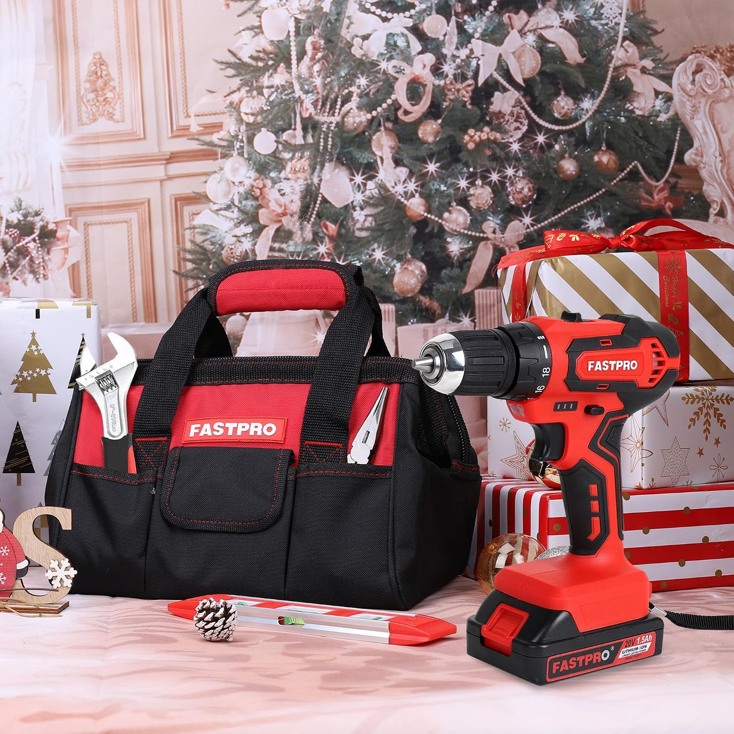 FASTPRO 232-Piece Home Tool Set with Drill, 20V Cordless Drill Driver, Household Repairing Tool Kit with Drill, 12-Inch Wide Mouth Storage Tool Bag Included, Red
