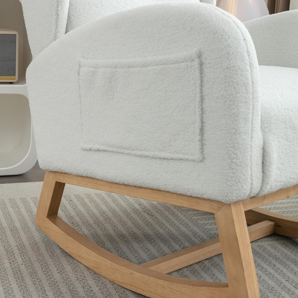Setawix Teddy Rocking Glider Chair for Nursery,Upholstered Living Room Rocker Arm Chair,Leisure Sherpa Wingback Armchair,Mid Century Modern Rocking Accent Chair with Side Pockets (Wingback Ivory)