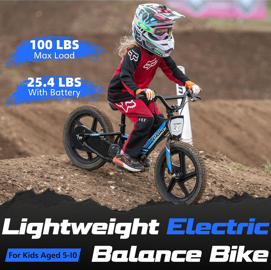 OLALA Electric Dirt Bike for Kids Aged 5-10, 340W Racing Grade Electric Motorcycle with Aluminum Frame, Up to 12MPH & 3 Speed Settings, Safe Disc Brakes, 16IN Knobby Tires