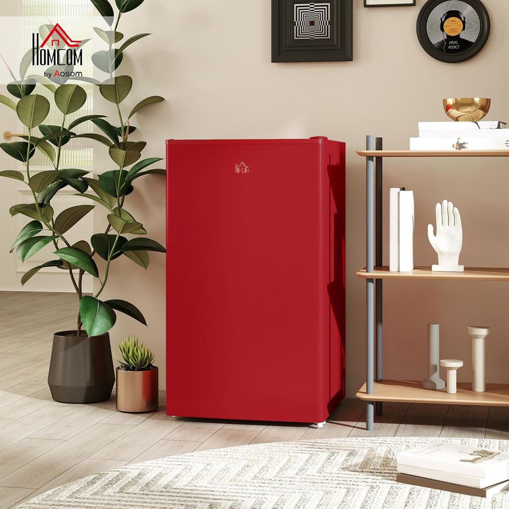 HOMCOM 3.2 Cu.Ft Mini Fridge with Freezer, Compact Refrigerator with Adjustable Thermostat, Shelf and Single Reversible Door for Bedroom, Dorm, Home Office, Energy Efficient, Red