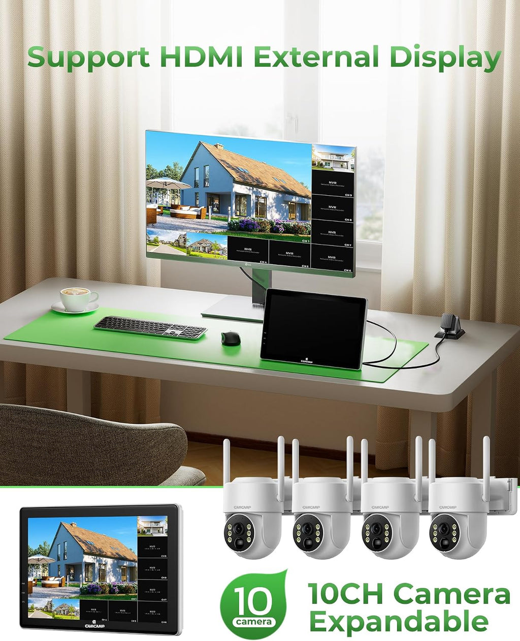 CAMCAMP Solar Security Cameras Outdoor Wireless with 10' 10CH Monitor, 2 Cam-Kit, No Subscription, Solar-Powered, Home Security Cameras System with 360° Pan & Tilt, 2K Color Night Vision, HDMI Output