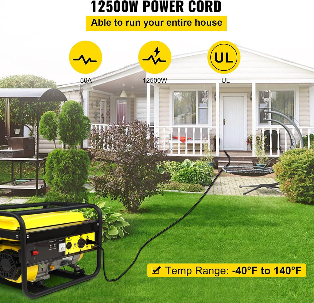 VEVOR 25 FT 50 Amp Generator Extension Cord 6/3+8/1 AWG STW 50A RV Power Cord NEMA 14-50P to Bare Wire Cut Cord for Manual Transfer Switch Home Backup Camper Trailer Temporary Power ETL Certified