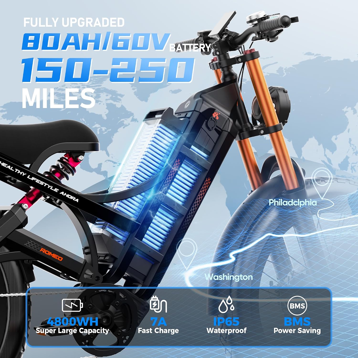 eAhora 5600W Romeo Pro 3 Dual Motor Electric Bike for Adults 50MPH, 60V70A, 26x4 Fat Tire Full Suspension All Terrain Ebike for Men Women, Up to 200 Miles for Snow Off-Road Commuter Mountain E-Bike