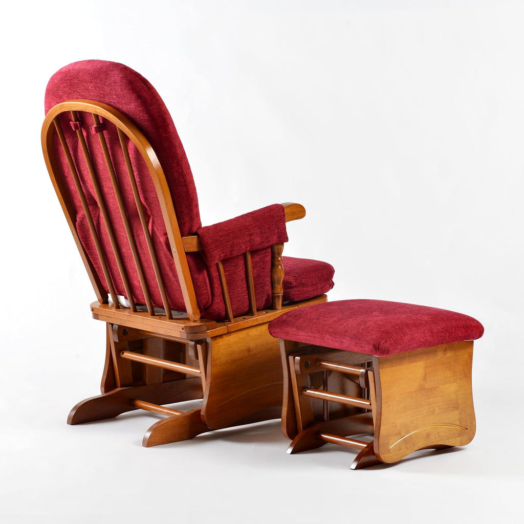 Glider Rocking Chair with Ottoman Set, Solid Wood Nursery Glider Rocker with Thick Padded Cushion, High Back Upholstered Swivel Glider for Living Room, Nursing, Reading, 280LBS Weight Capacity,Oak+Red