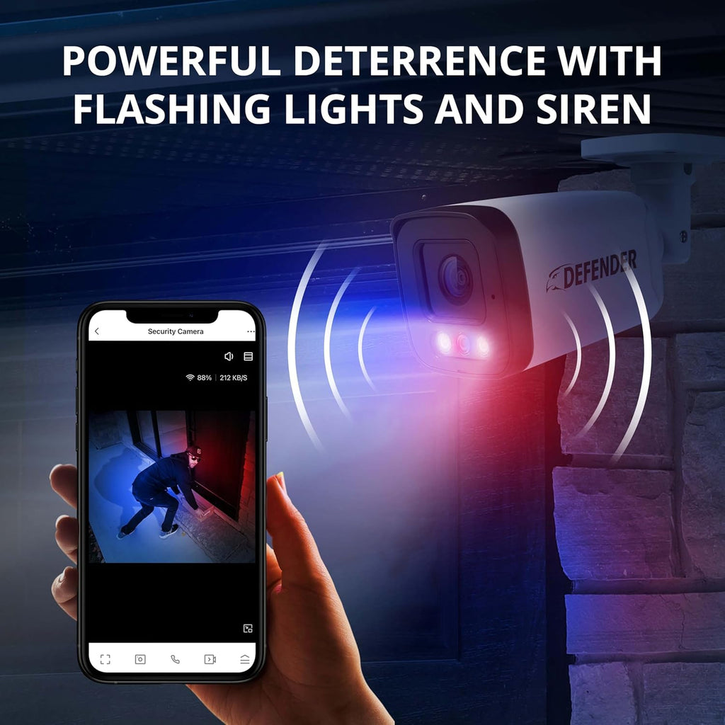 Defender AI Powered Sentinel 4K 8CH PoeE Security Camera System, 6pcs NVR Metal Outdoor Surveillance Cameras, 1TB HDD, SMART AI Human Detection, Blue/Red Lights, Works w/Empower App
