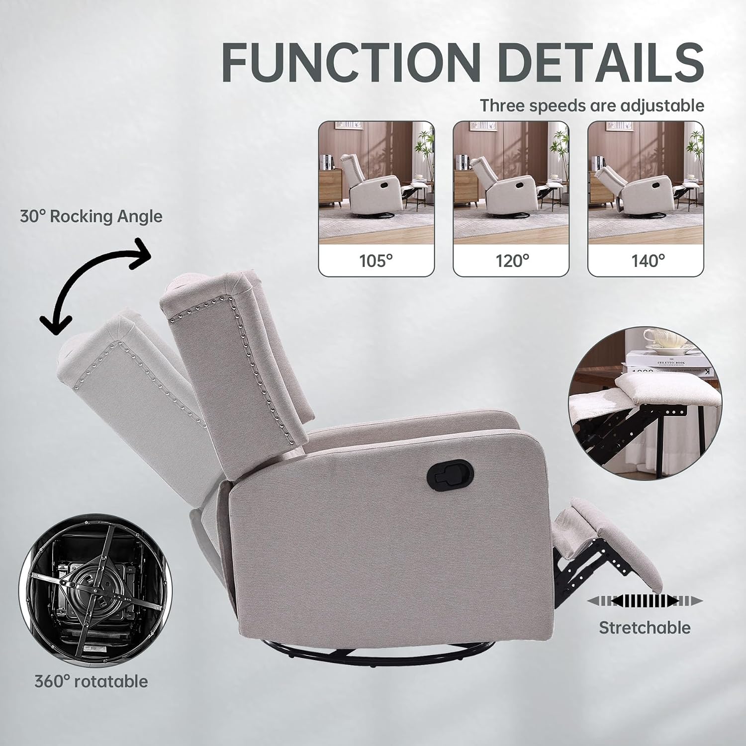 HRVEOCEI Glider Recliner Nursery Chair, Cozy Linen Rocking Chair Nursery Recliner with Adjustable Button Backrest and Footrest, Swivel Recliner Chair for Living Room, Bedroom, Office (Beige)