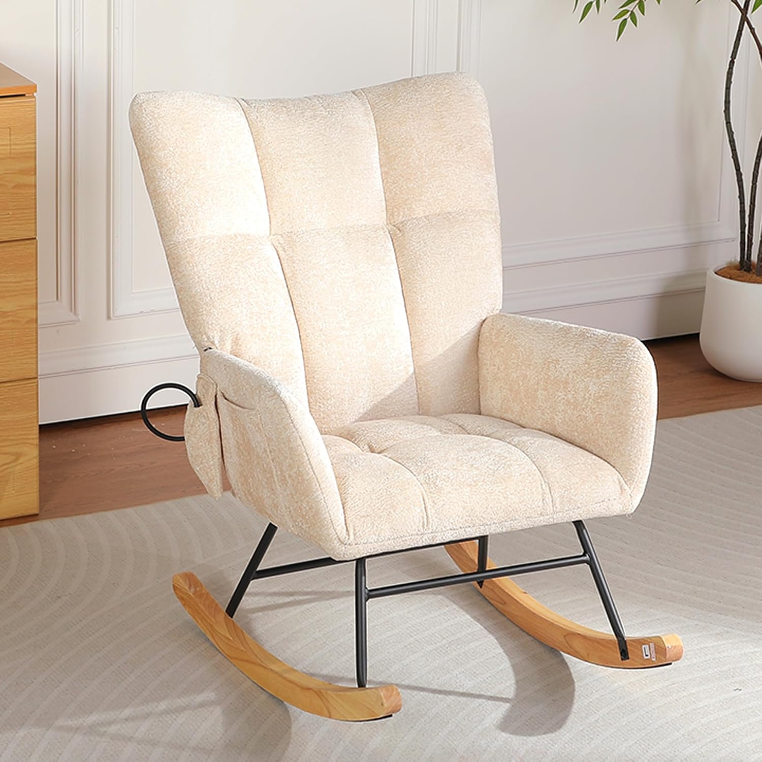Rocking Chair Nursery with Airbag, Nursery Rocking Reading Chair Indoor, Cozy Upholstered Glider Rocker Chairs for Living Room Bedroom Offices, Sillas Mecedoras(Chenille, Beige)