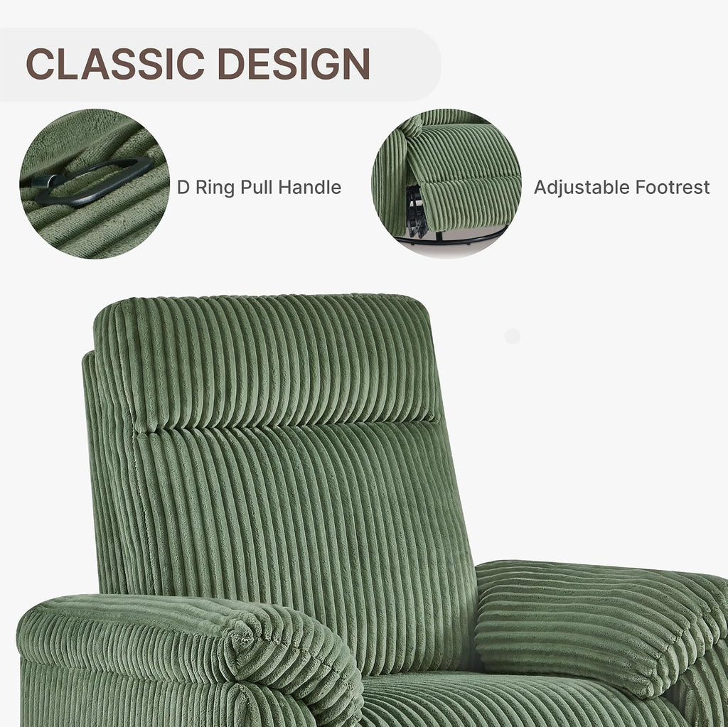 KISLOT Swivel Rocker Recliner for Adults, Corduroy 360 Degree Swivel Glider Recliner Manual 3-Position Adjustable Easy Assembly for Small Space Living Room Nursery Bedroom