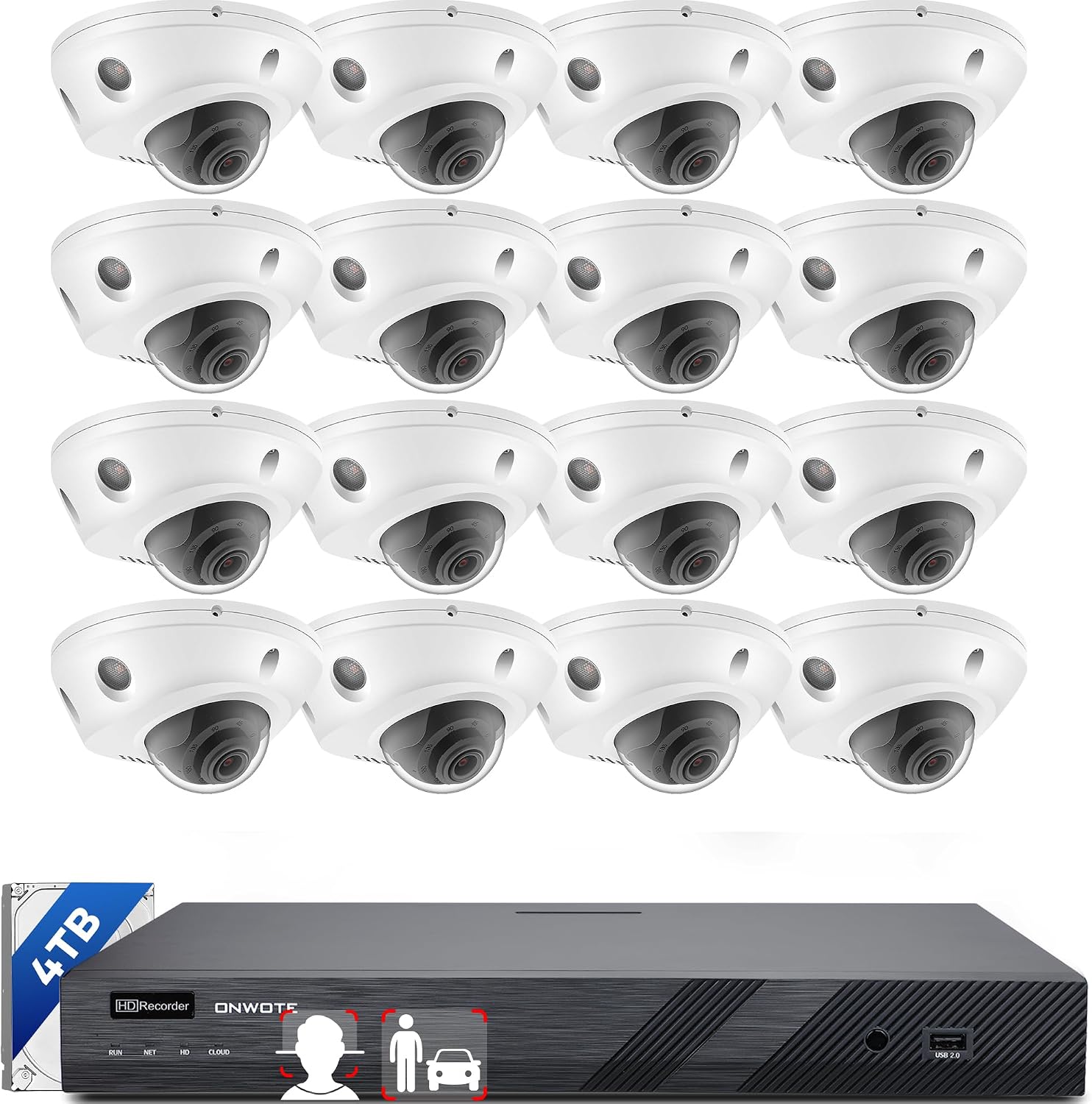ONWOTE Face Recognition & AcuSearch, 2 Way Audio, 12MP NVR 16 Channel Security Camera System, 16x 4K 8MP Vandal Proof PoE IP Cameras, Total 1280ft Cables, 16CH Commercial NVR 4TB, CCTV for Business