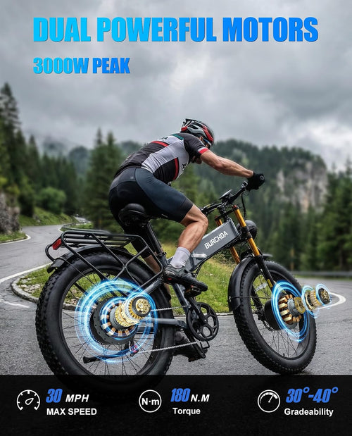 2026 Dual Motor Electric Bike for Adults AWD 5000W/3000W Peak 40 MPH/30 MPH E Dirt Bike, 52V/48V Removable Battery 65/80/150 Miles Max Long Range with Full Suspension 26' Fat Tires Mountain Bike