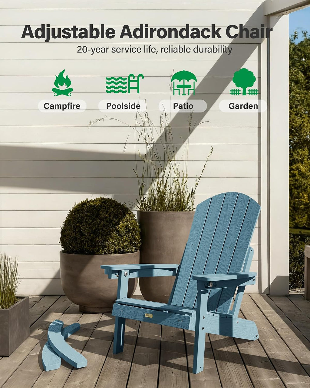 YEFU Adirondack Rocking Chairs Set of 2 : Oversize Adirondack Chair with Retractable Ottoman- 5-Level Adjustable High Back - Outdoor Rocker with Cup Holder for Porch/Garden/Lawn/Patio/Backyard/Blue
