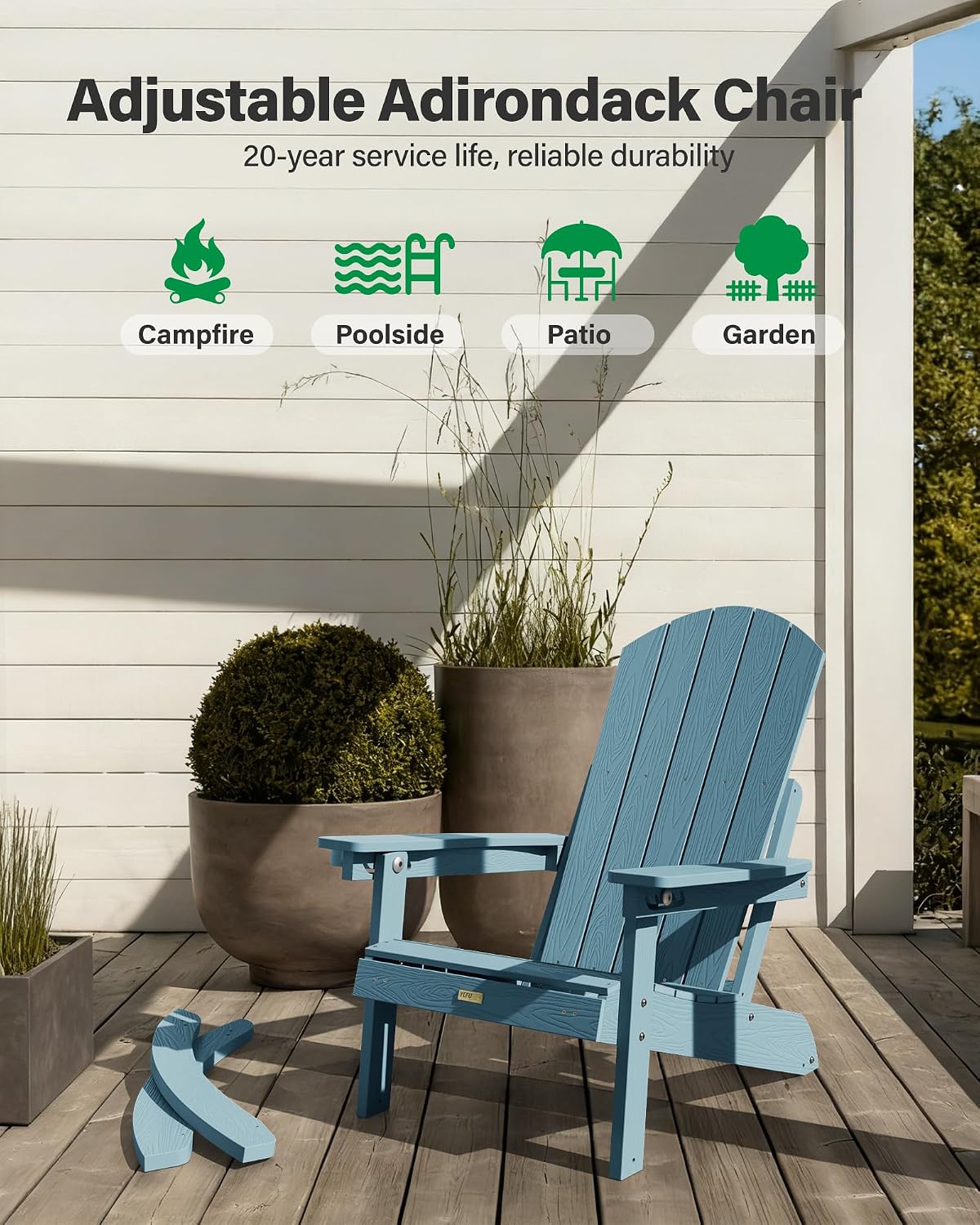 YEFU Adirondack Rocking Chairs Set of 2 : Oversize Adirondack Chair with Retractable Ottoman- 5-Level Adjustable High Back - Outdoor Rocker with Cup Holder for Porch/Garden/Lawn/Patio/Backyard/Blue