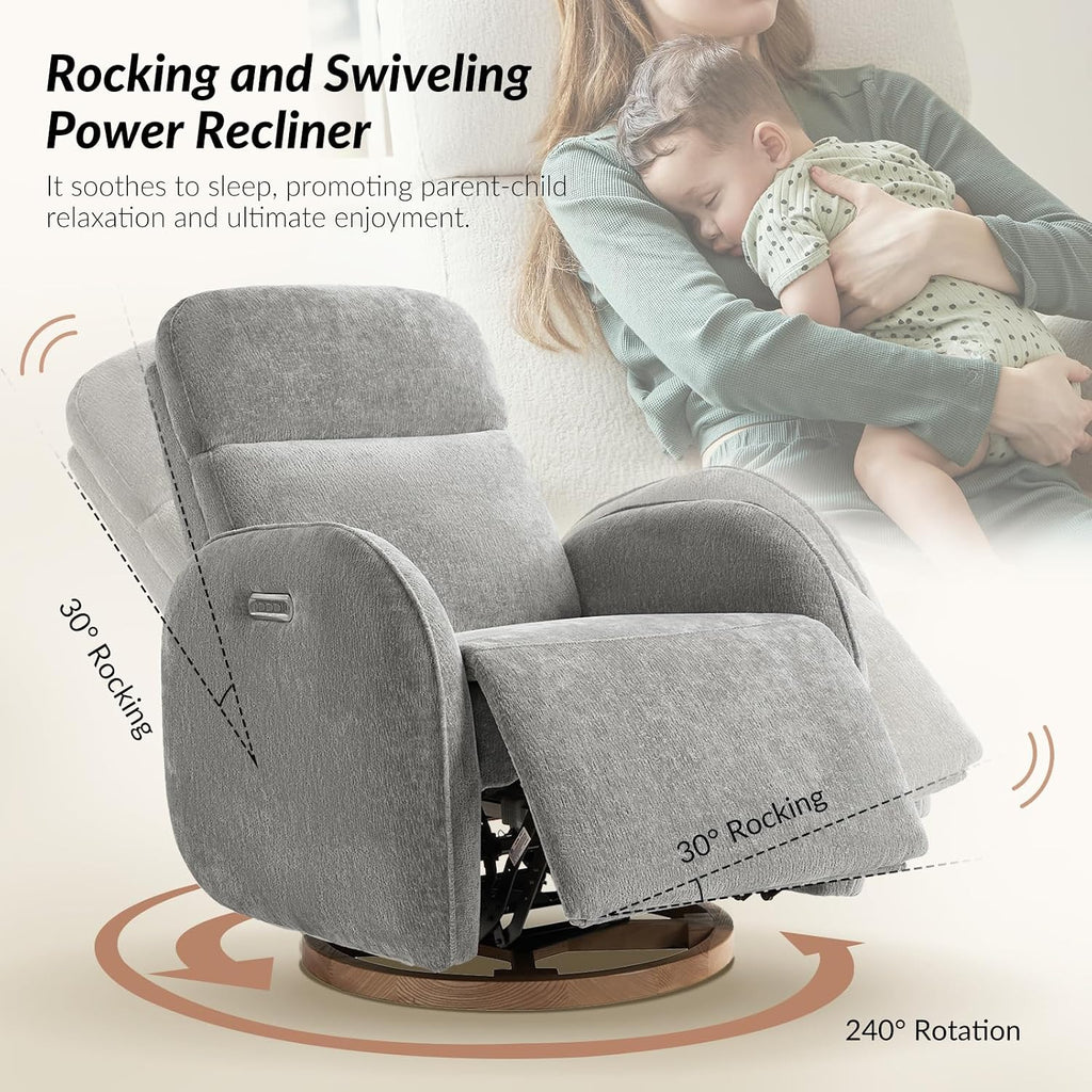 HULALA HOME Glider Recliner Nursery Chair with Adjustable Headrest and Lumbar Support, Modern Power Recliner with USB Port and Nightlight, Swivel Rocker Glider for Nursing Room Bedroom, Grey