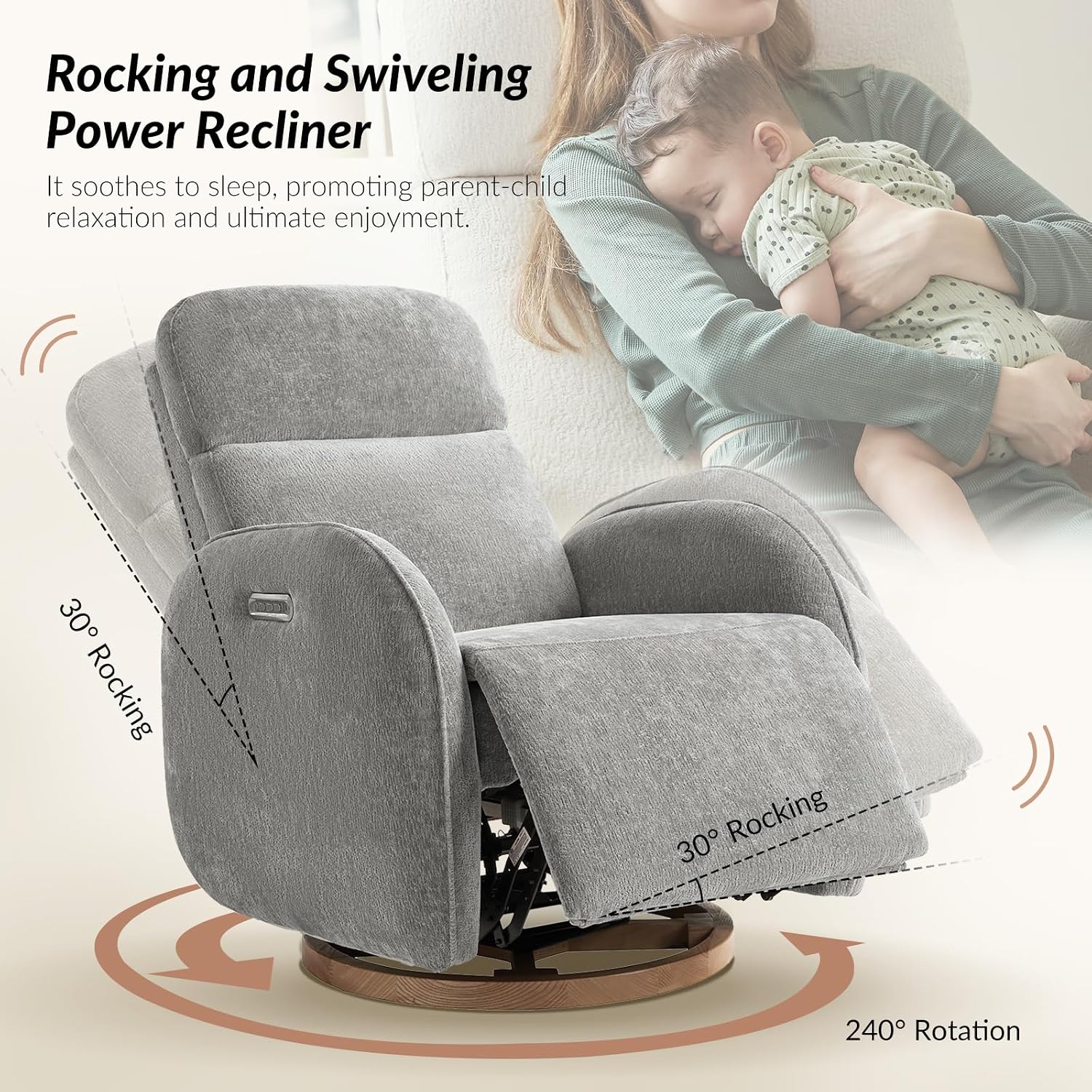HULALA HOME Glider Recliner Nursery Chair with Adjustable Headrest and Lumbar Support, Modern Power Recliner with USB Port and Nightlight, Swivel Rocker Glider for Nursing Room Bedroom, Grey