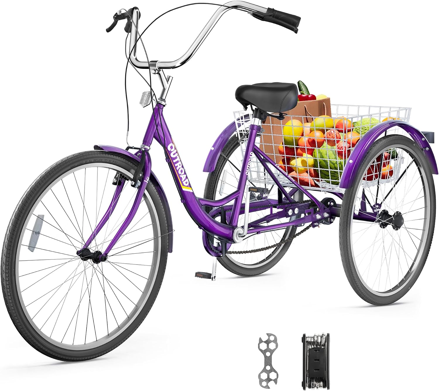 Outroad Adult Tricycle, 24/26 inch 1 Speed Cruiser Trike, 3 Wheel Bikes with Large Basket for Seniors, Women, Men, Adult Trikes for Shopping Picnic Outdoor Sports,Red Blue