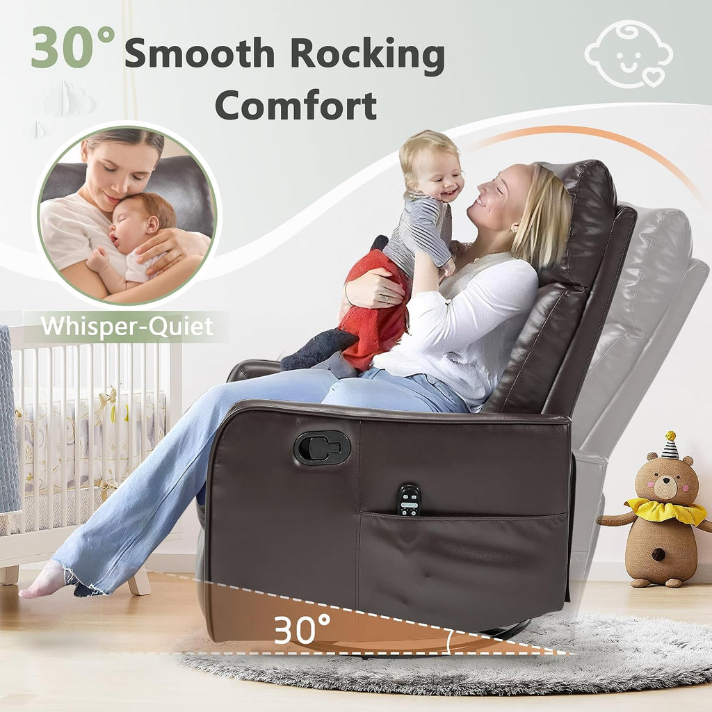 cinkehome Swivel Rocker Recliner, Glider Rocker Recliner Chair for Nursery, Manual Reclining Chair with Heated Massage, Small Spaces, Living Room, Faux Leather Brown