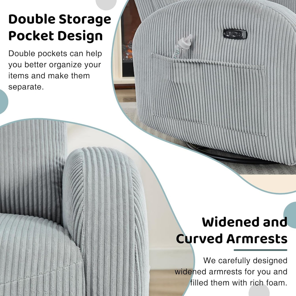 Power Nursery Glider Recliner, Swivel Glider Recliner with USB & Type-C Port, Swivel Reclining Nursery Rocker with Double Pockets for Living Room, Grey,Corduroy