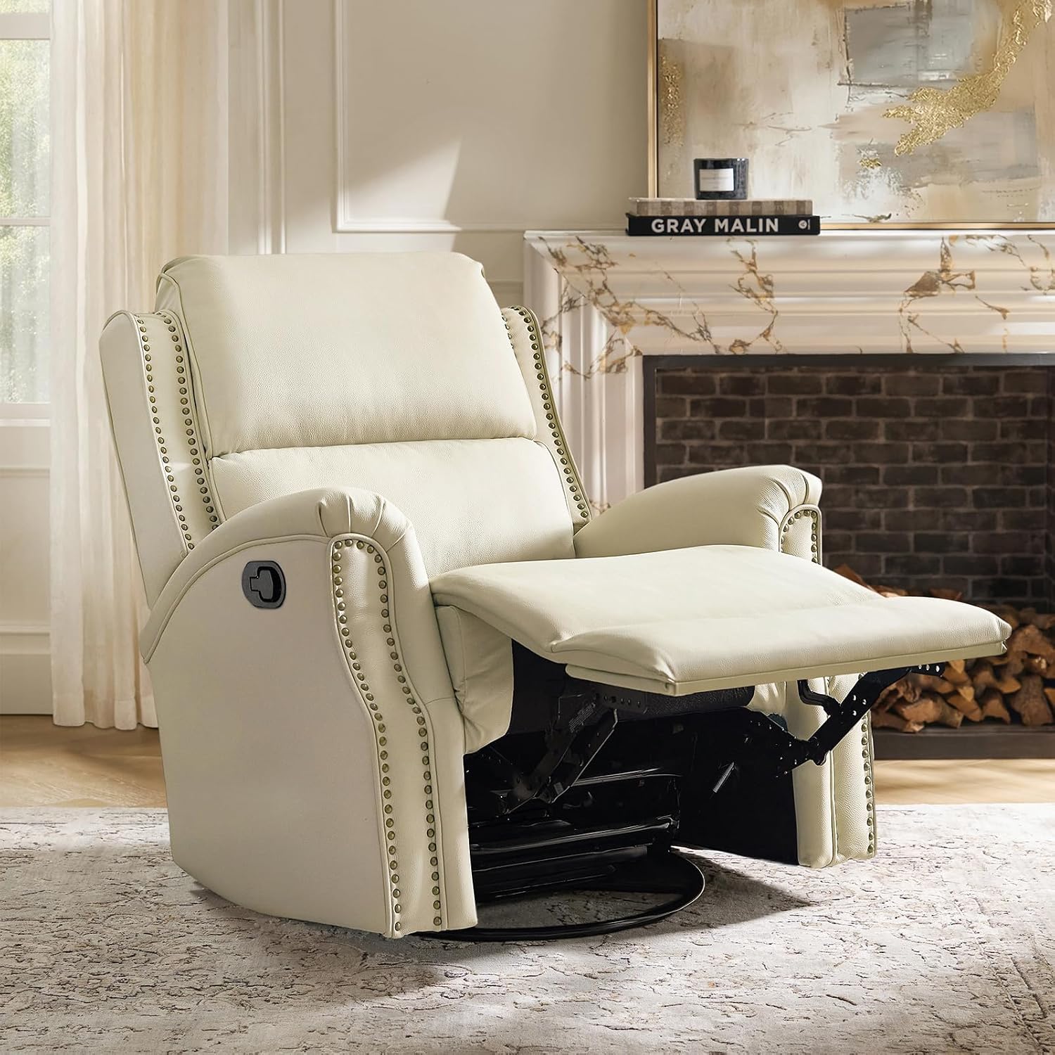 HULALA HOME Genuine Leather Recliner Chair, Swivel Rocker Chair with Thick Seat, Classic Push Back Armchair with Backrest, Nailhead Trim, Beige