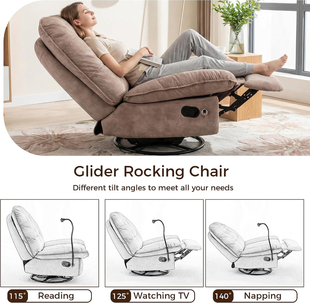 Swivel Rocker Recliner Chair for Adult, Glider Nursery Rocking Chair, Armless Manual Single Recliner Sofa for Living Room, Oversized & Overstuffed, Phone Holder Included, Light Brown Velvet