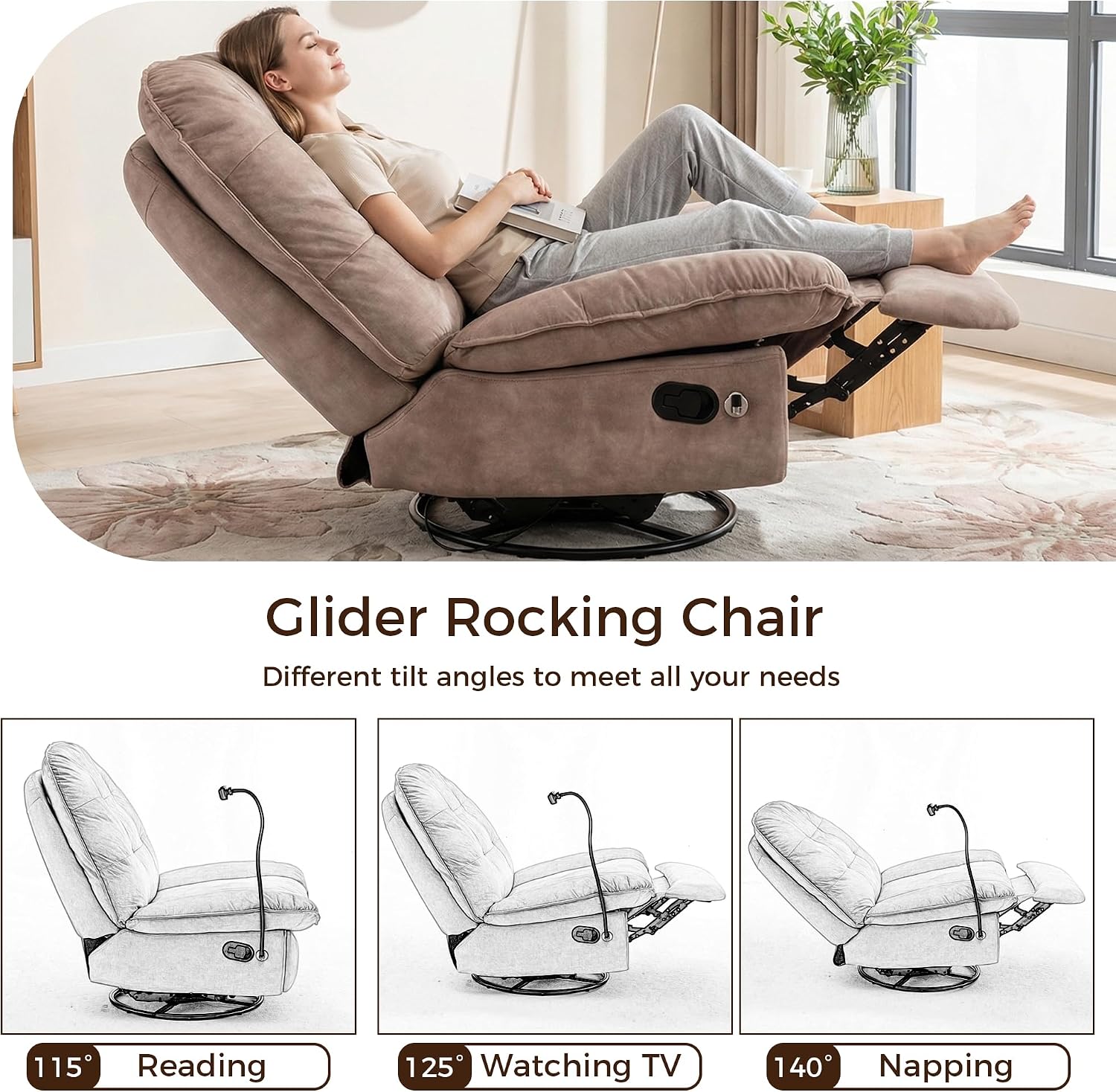 Swivel Rocker Recliner Chair for Adult, Glider Nursery Rocking Chair, Armless Manual Single Recliner Sofa for Living Room, Oversized & Overstuffed, Phone Holder Included, Light Brown Velvet
