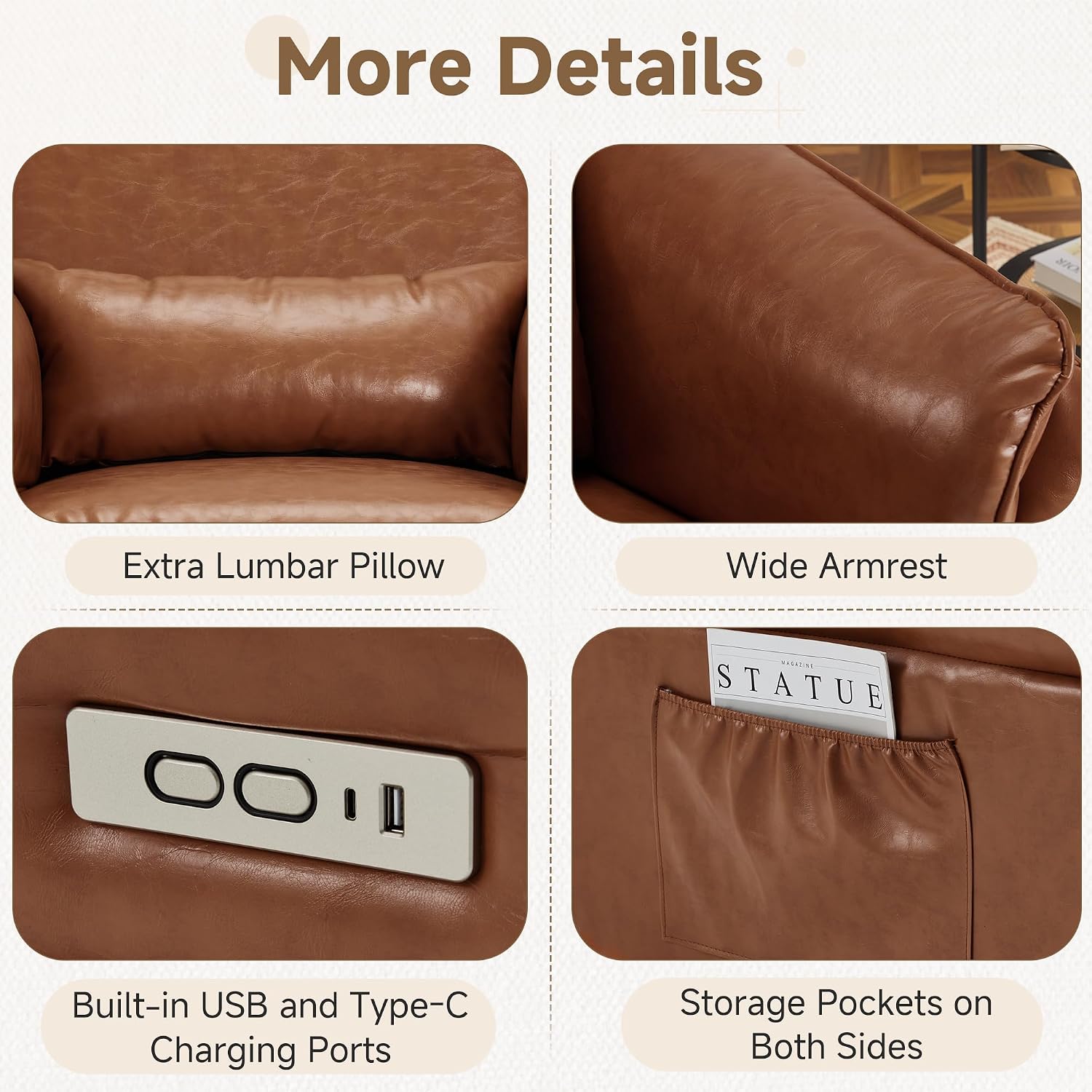 Power Recliner Rocking Chair Nursery Gliders with Adjustable Armrests and Headrest, Swivel Electric Glider Reclining Nursing Chair with USB Port and Storage Bags, FSC Certified (Leather, Brown)