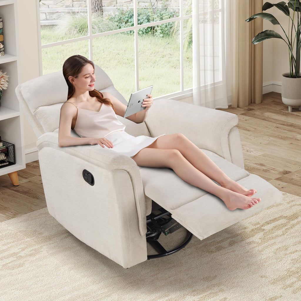 INZOY Swivel Rocker Recliner, Nursery Glider Chair, Manual Chairs Swivel Glider Recliners with Soft Backrest, Fabric Manual Reclining Sofa for Living Room Bedroom Apartment, Beige