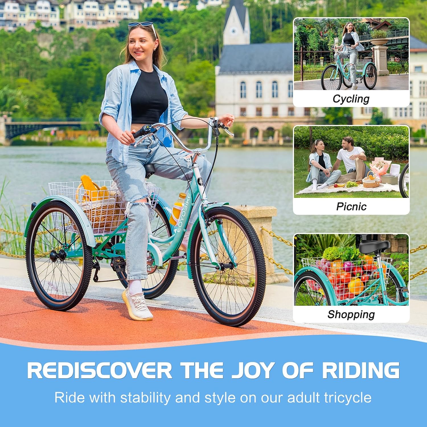 Slsy Adult Tricycle 7 Speed, 20/24/26 Inch Step-Through 3 Wheel Bike for Adults with Large Shopping Basket, 350 lb Capacity Adult Trike for Seniors, Women and Men
